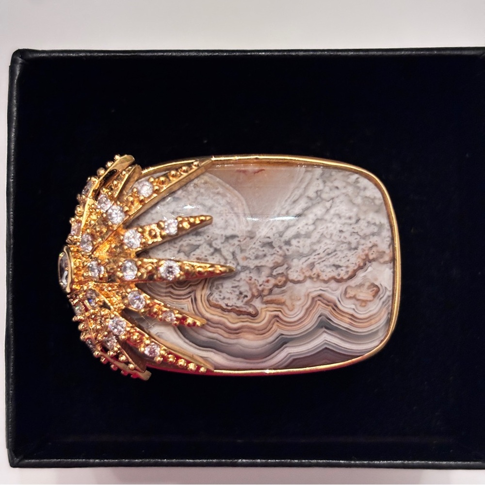 Cristina Sabatini Gold-Trimmed Red Enamel Agate Zircons Statement Ring